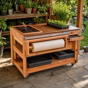 Potting-Bench Paper-Roll Holder With a Cutting Rail