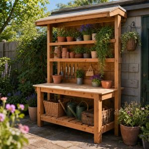 Roofed Wooden Potting Hutch With Shelves and Tool Hooks