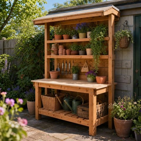 Roofed Wooden Potting Hutch With Shelves and Tool Hooks
