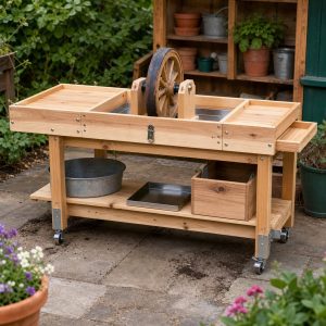 Garden Wheel Greasing Stand With a Removable Drip Pan