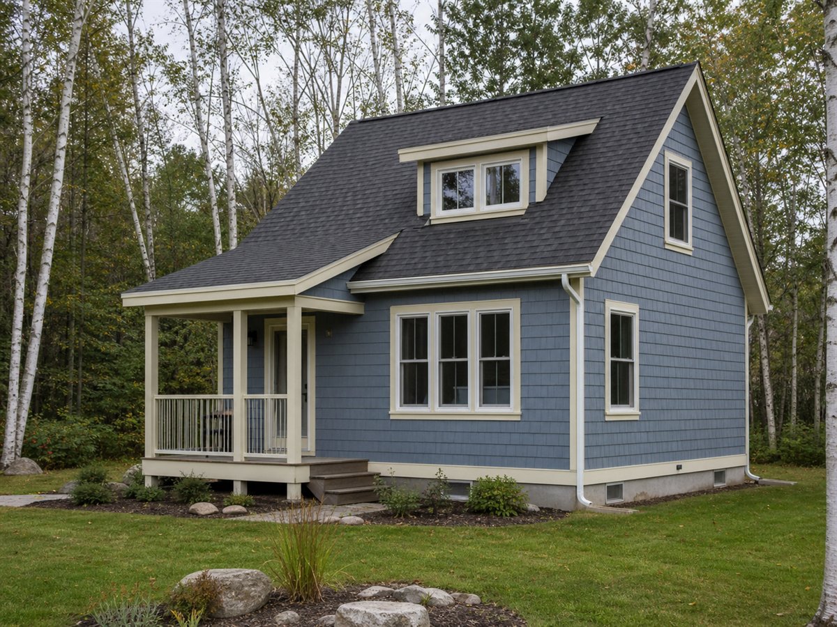 Birch Field Cottage 612, a conceptual 612-square-foot Great Lakes-region small cottage with a $83,625 construction target