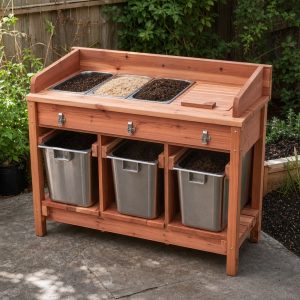 Cedar Soil-Amendment Mixing Bench With Three Bins