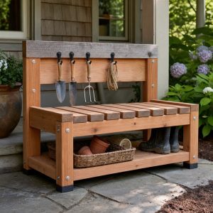 Compact Mudroom Porch Bench With Tool Hooks
