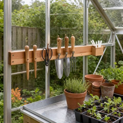 Greenhouse Hand-Tool Rail That Keeps Benches Clear