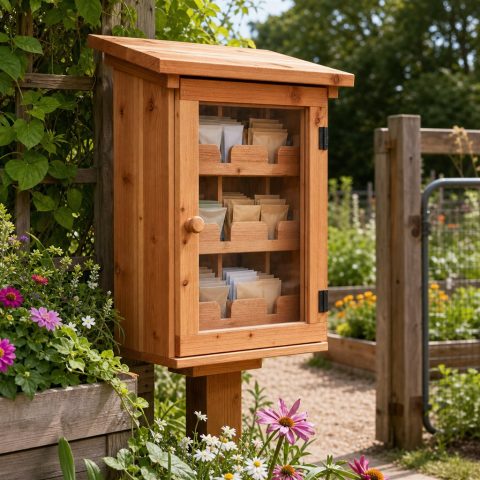 Little Wooden Seed-Exchange Cabinet With Weatherproof Compartments