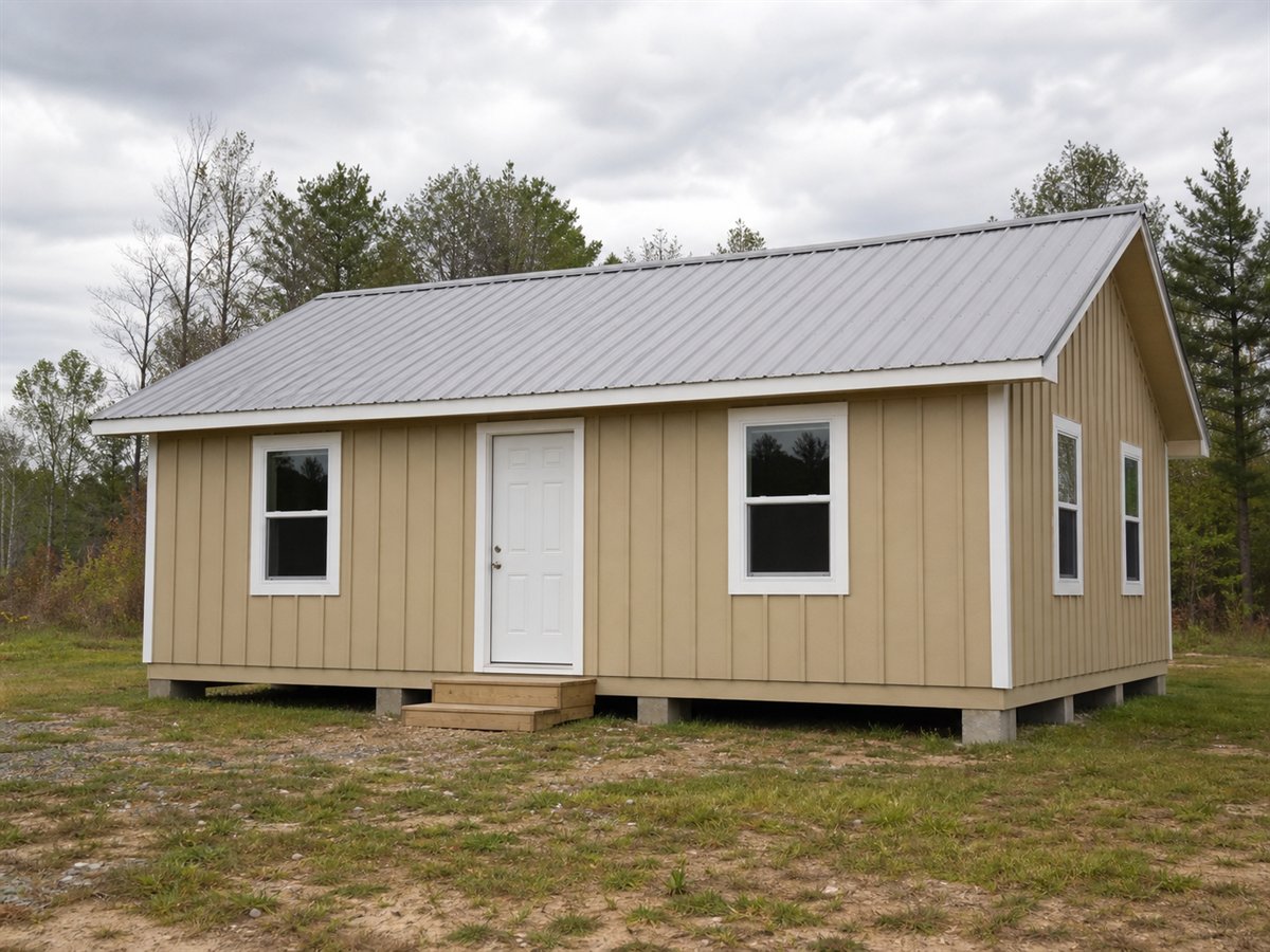 Pine Bunkhouse 720, a conceptual 720-square-foot plain two-bedroom bunkhouse with a $96,000 construction target
