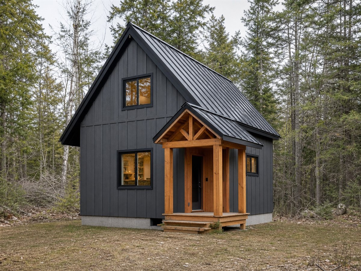 Hemlock Small House 613, a conceptual 613-square-foot modern woodland cabin with a $84,625 construction target