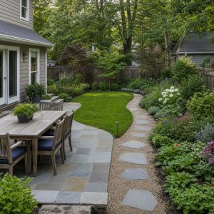 Backyard Garden Layout With a Curved Lawn and Patio