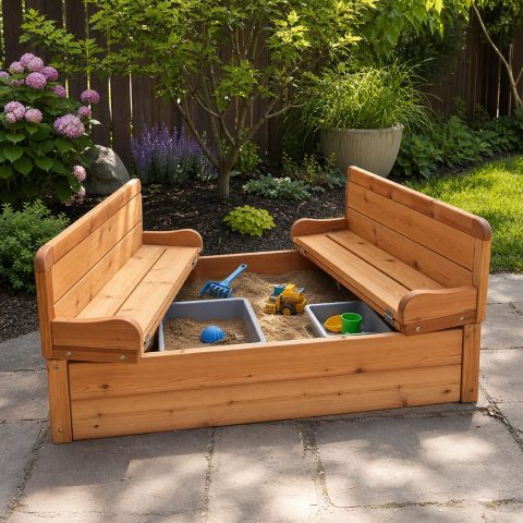 Convertible Sandbox Cover That Opens Into Two Benches