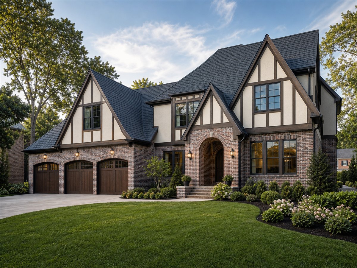 Ashbourne Manor 3720, a conceptual 3720-square-foot Tudor-revival custom home with a $810,000 construction target