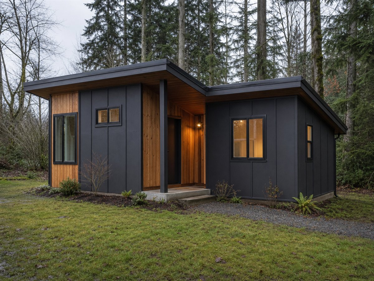 Rainwood Cottage 616, a conceptual 616-square-foot Pacific Northwest contemporary cottage with a $86,625 construction target