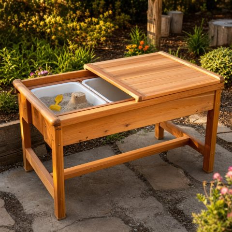 Children’s Raised Sand-Garden With a Sliding Wood Cover