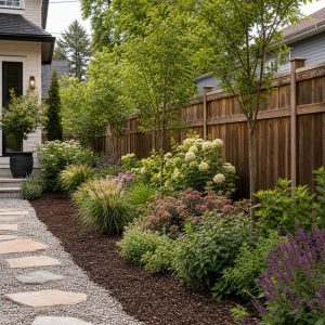 Fence-Line Flower Border With Layered Shrubs and Perennials