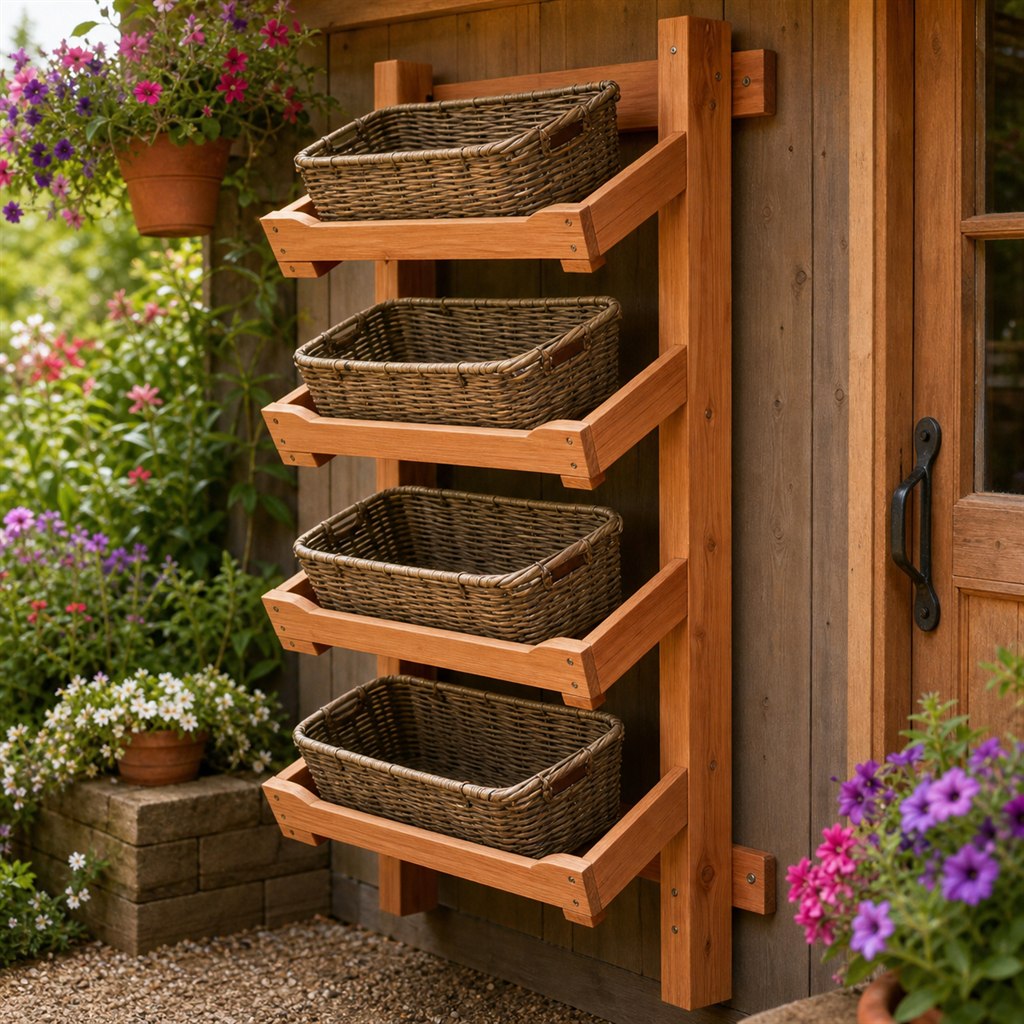 Wooden Harvest Basket Wall Rack With Sloped Cradles