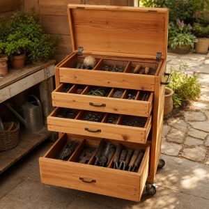 Rolling Garden Hardware Chest With Divided Drawers