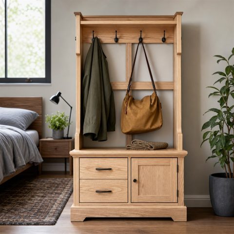 Narrow Hall Tree With a Tip-Resistant Base and Hooks