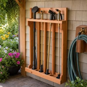 Wooden Watering-Wand Rack With Draining Tool Slots