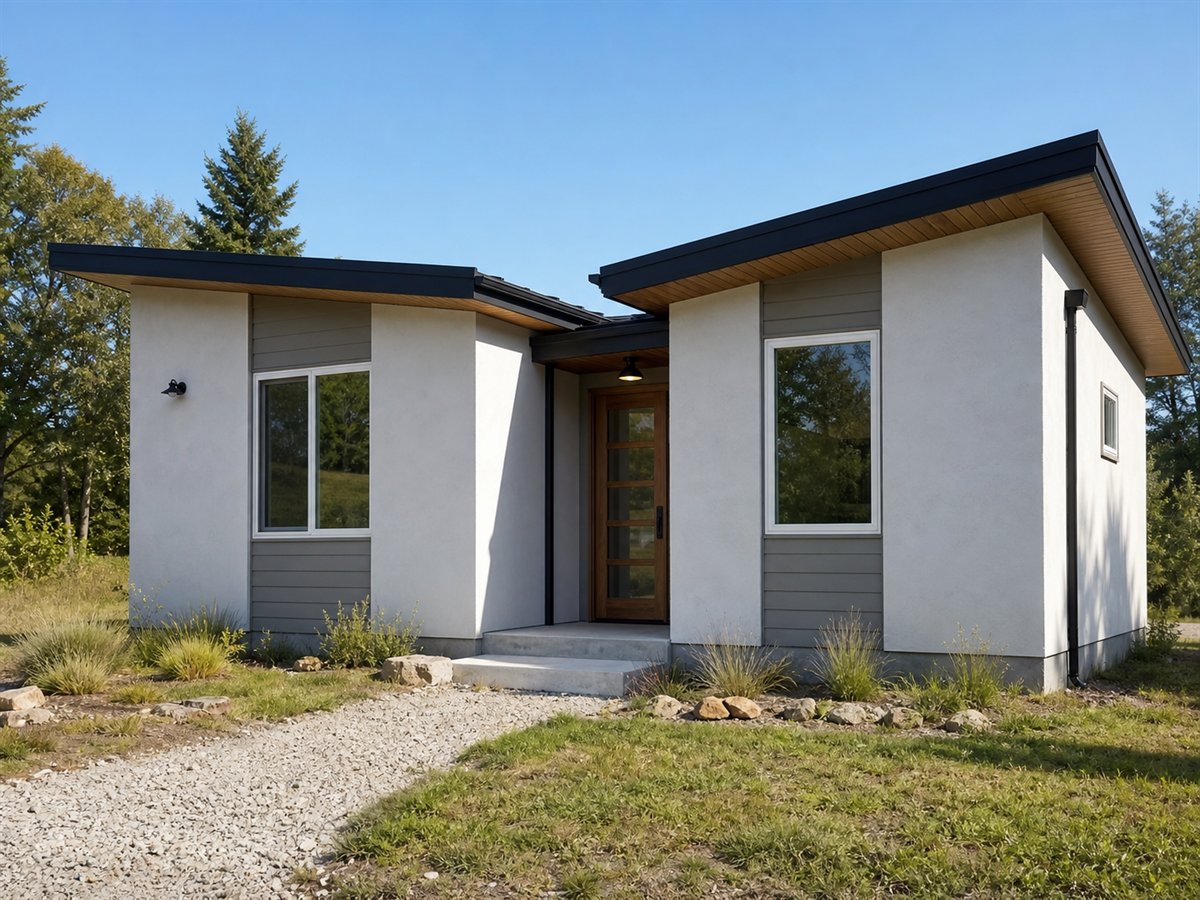 Butterfly Nook 618, a conceptual 618-square-foot restrained butterfly-roof cottage with a $88,625 construction target