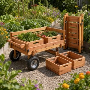 Fold-Down Wooden Harvest Cart With Removable Crates