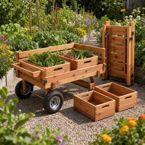 Fold-Down Wooden Harvest Cart With Removable Crates
