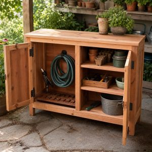 Cedar Hose-Nozzle Cabinet With a Draining Shelf