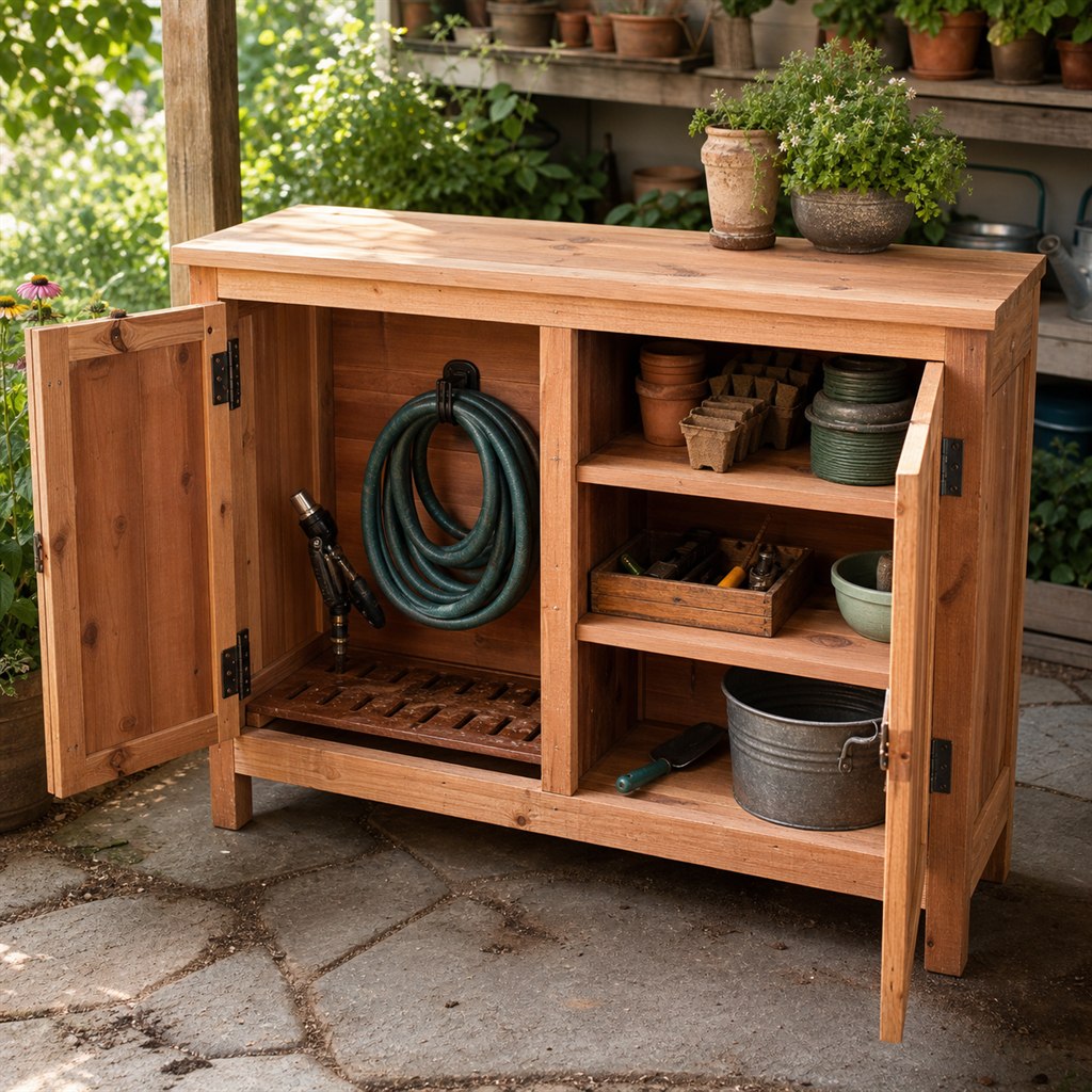 Cedar Hose-Nozzle Cabinet With a Draining Shelf