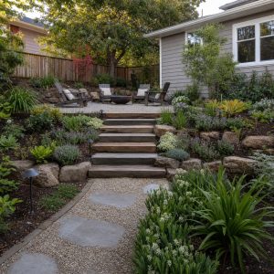 Sloped Backyard Garden With Stone Steps and Terraced Planting