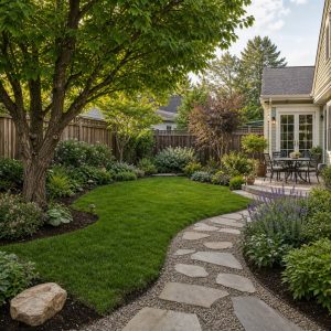 Curved Backyard Path and Lawn for a Soft Garden Layout