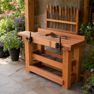 Wooden Garden-Tool Sharpening Station With a Clamping Rail