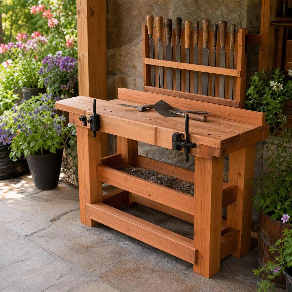 Wooden Garden-Tool Sharpening Station With a Clamping Rail