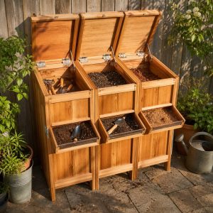Potting-Soil Bin Station With Three Hinged Compartments