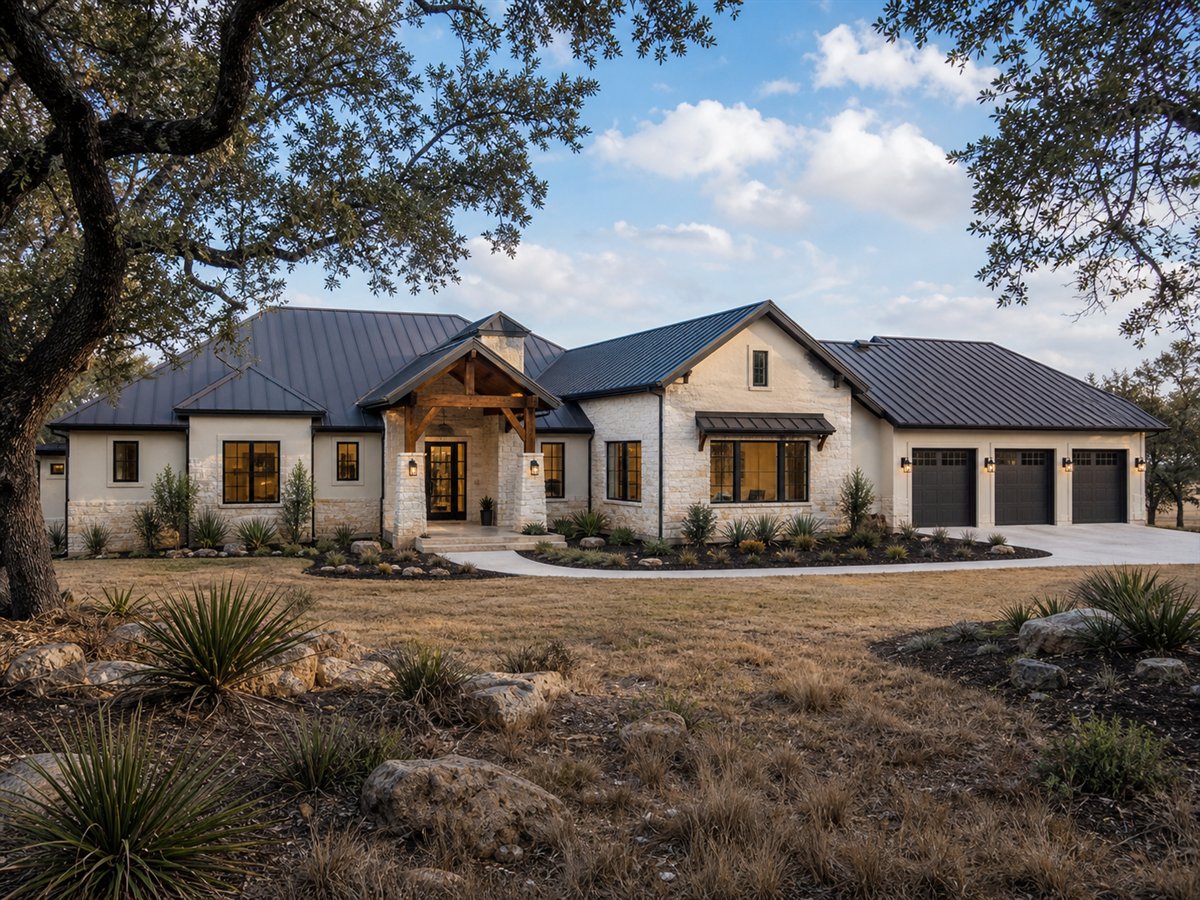 Canyon Oak House 3840, a conceptual 3840-square-foot Texas Hill Country custom home with a $840,000 construction target
