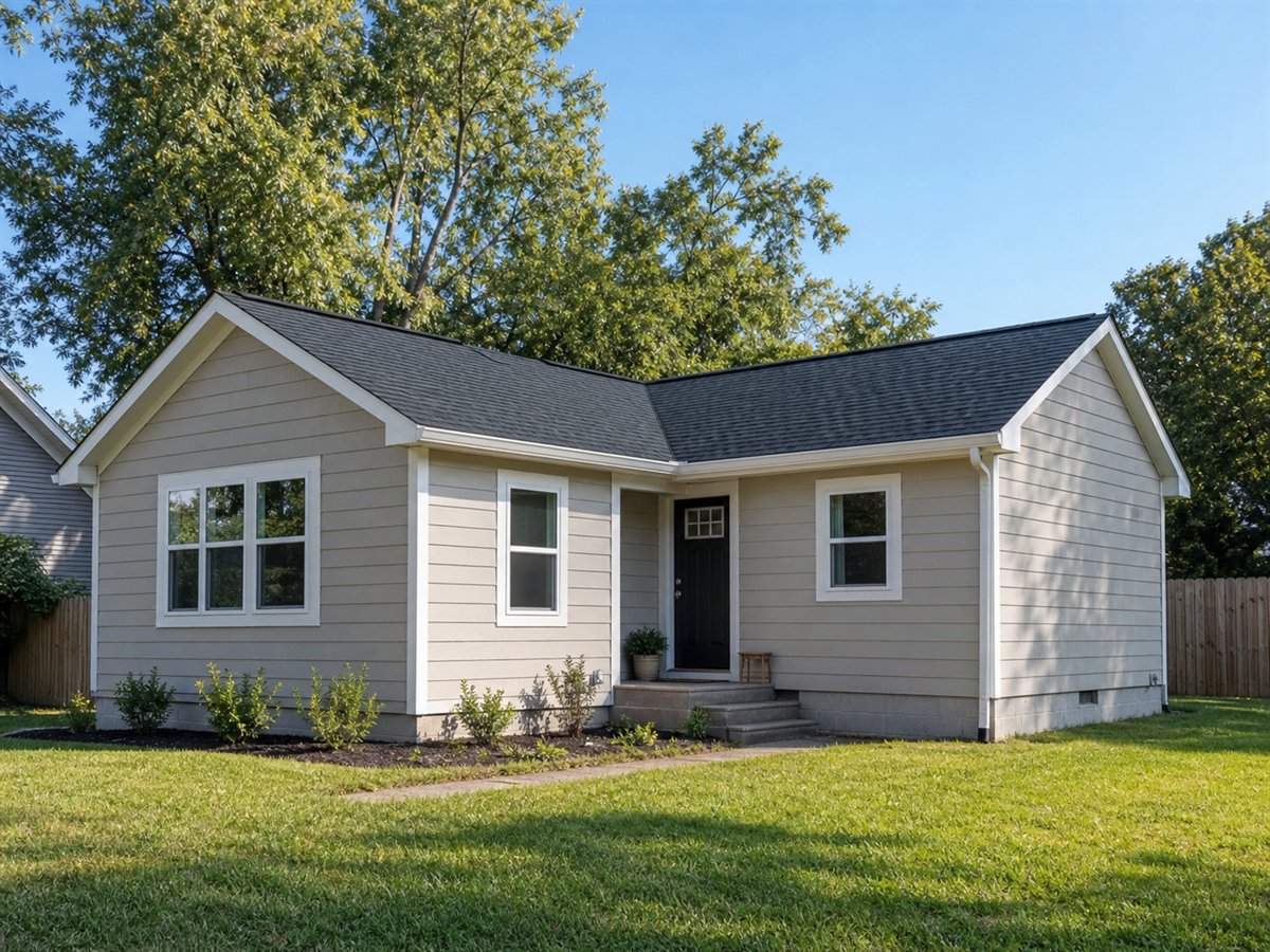 Corner Meadow Ranch 653, a conceptual 653-square-foot L-shaped small ranch with a $92,625 construction target