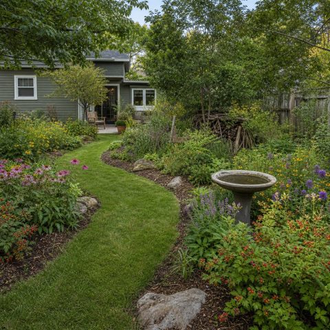Wildlife-Friendly Backyard Border With a Birdbath Focal Point