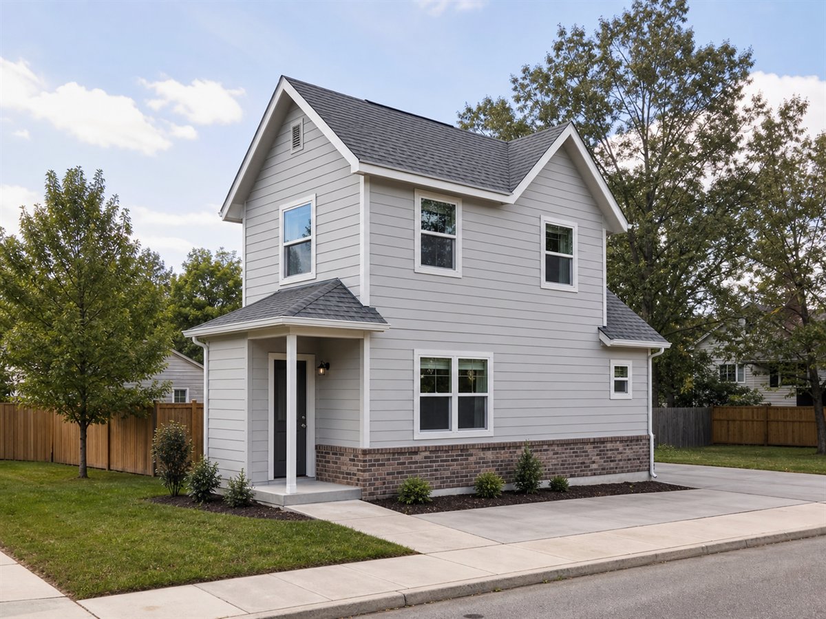 Cornerstone Cottage 654, a conceptual 654-square-foot side-entry small cottage with a $93,625 construction target