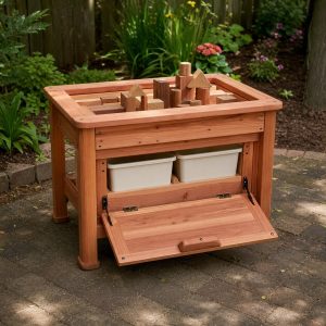 Outdoor Building-Block Table With a Covered Storage Bin