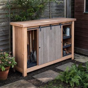 Slim Fence-Line Tool Shed With Sliding Doors