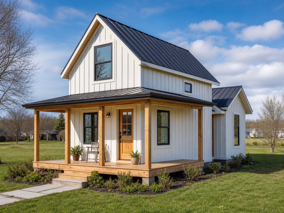 Backlane Small House 656, a conceptual 656-square-foot rear-garage small home with a $94,625 construction target