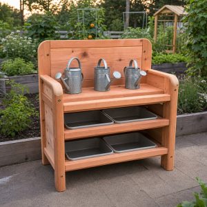 Children’s Watering-Can Station With Low Draining Shelves