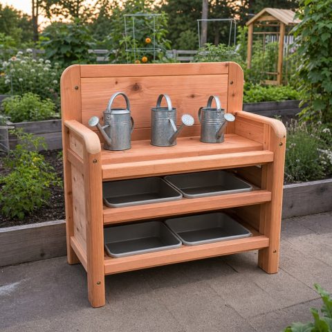 Children’s Watering-Can Station With Low Draining Shelves