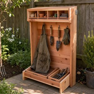 Cedar Garden Apron Rack With Small Supply Cubbies