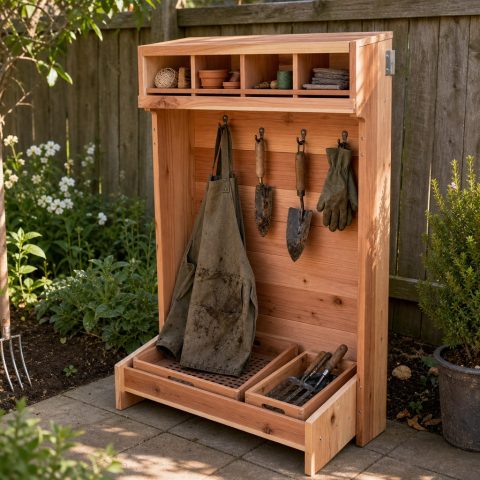 Cedar Garden Apron Rack With Small Supply Cubbies