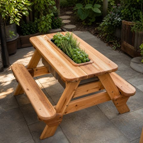 Family Picnic Table With a Central Herb Trough