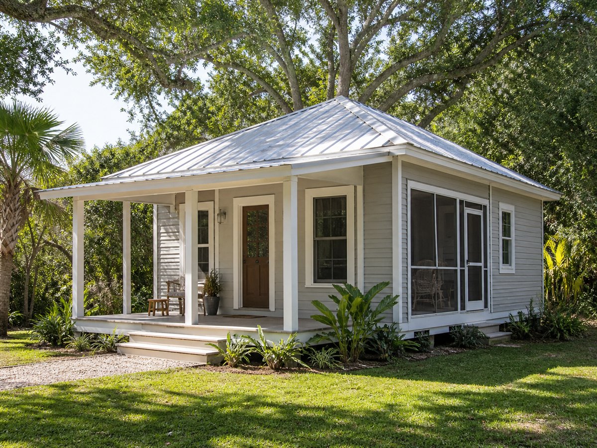 Breeze Porch Cottage 659, a conceptual 659-square-foot screened-porch small cottage with a $97,625 construction target