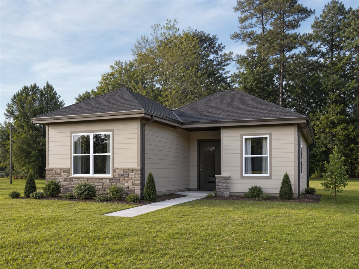 Kindred Small House 691, a conceptual 691-square-foot compact multigenerational home with a $98,625 construction target