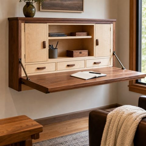 Wall-Mounted Folding Desk With Soft-Close Supports