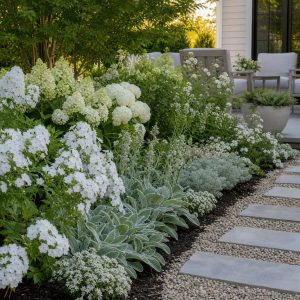 White Flower Shade Garden Along a Side Path