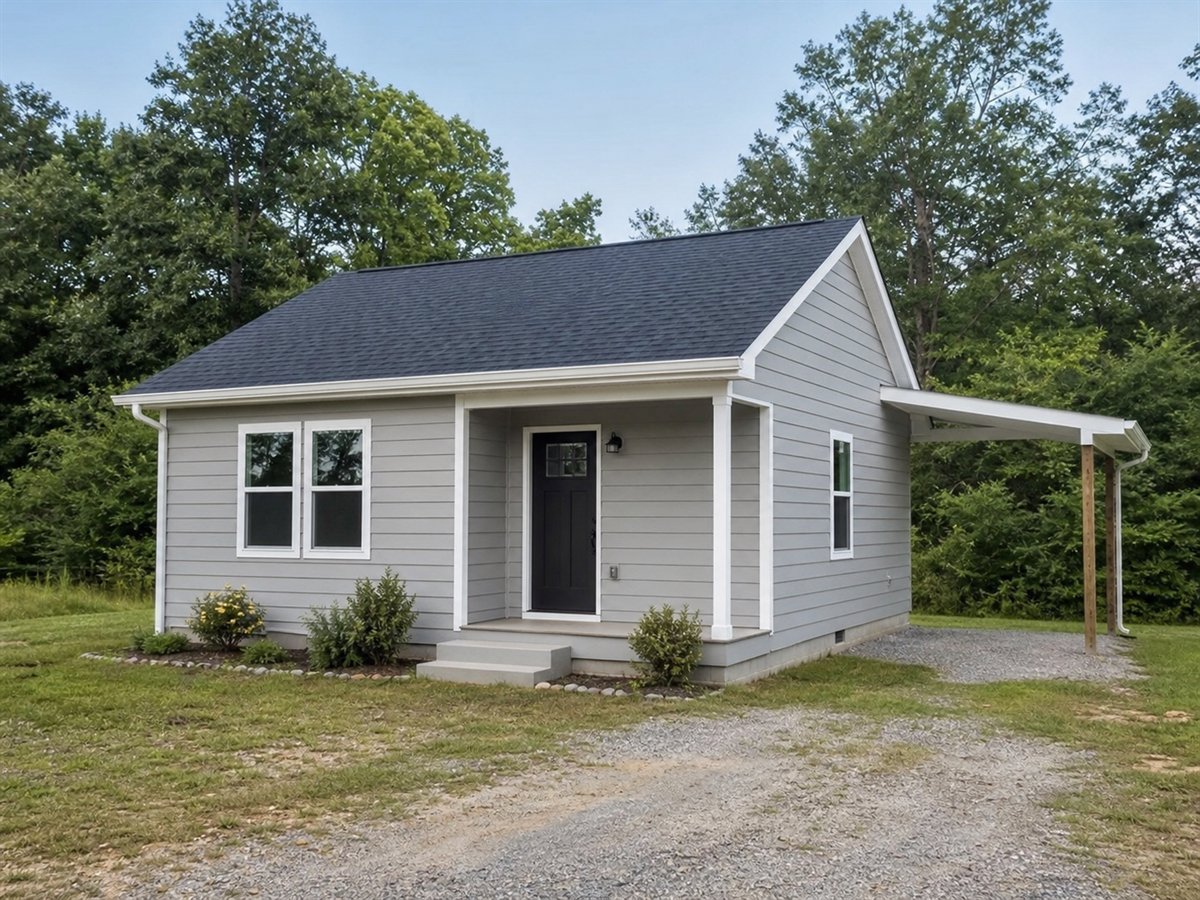 Pine Nook 693, a conceptual 693-square-foot tiny gable-roof cottage with a $100,625 construction target