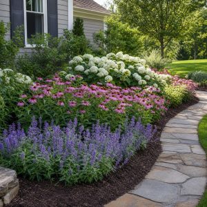Curved Hydrangea Border Beside a Stone Walk