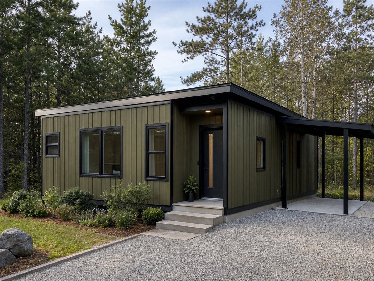 Slope Nest 694, a conceptual 694-square-foot shed-roof micro home with a $101,625 construction target
